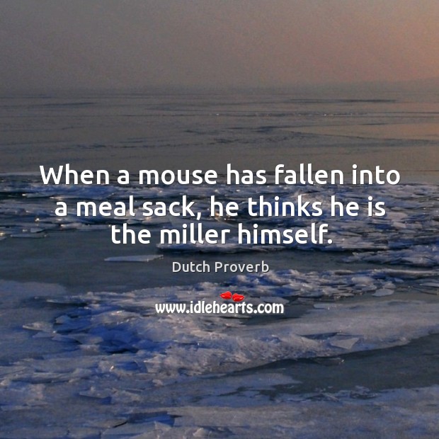 When a mouse has fallen into a meal sack, he thinks he is the miller himself. Dutch Proverbs Image