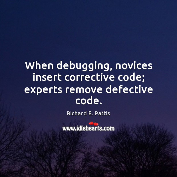 When debugging, novices insert corrective code; experts remove defective code. Richard E. Pattis Picture Quote