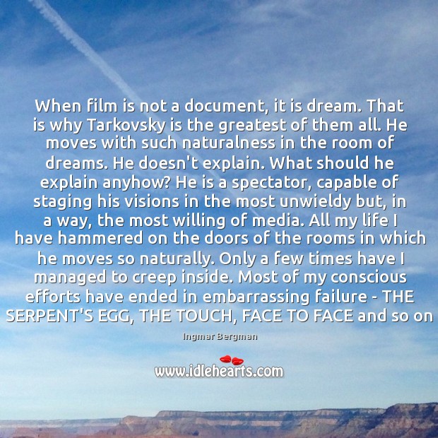When film is not a document, it is dream. That is why Ingmar Bergman Picture Quote