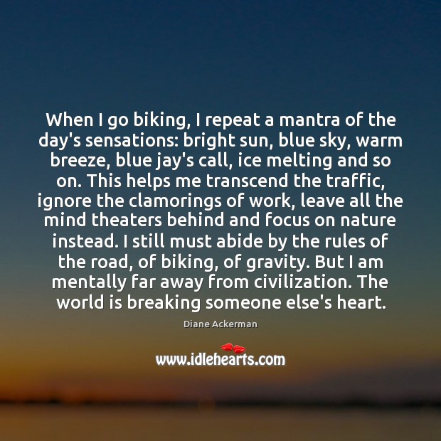 When I go biking, I repeat a mantra of the day’s sensations: Diane Ackerman Picture Quote