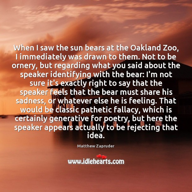 When I saw the sun bears at the Oakland Zoo, I immediately Matthew Zapruder Picture Quote
