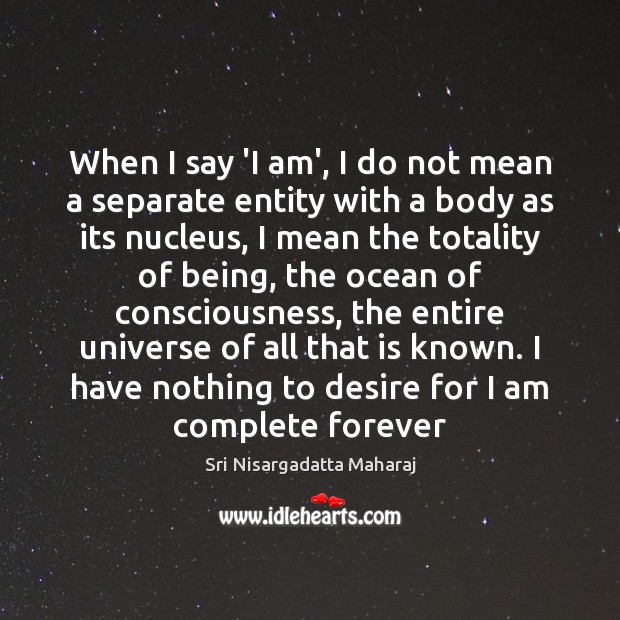 When I say ‘I am’, I do not mean a separate entity Sri Nisargadatta Maharaj Picture Quote