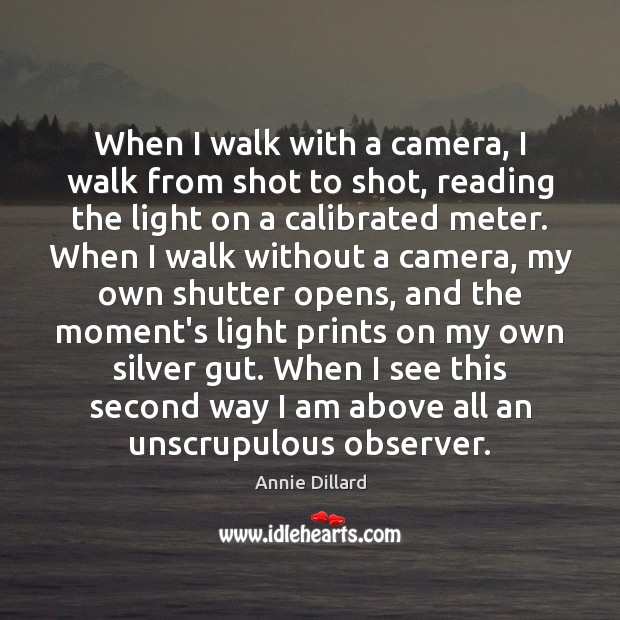 When I walk with a camera, I walk from shot to shot, Annie Dillard Picture Quote