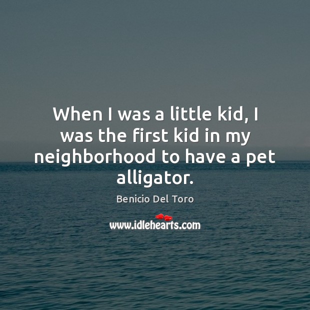 When I was a little kid, I was the first kid in my neighborhood to have a pet alligator. Benicio Del Toro Picture Quote