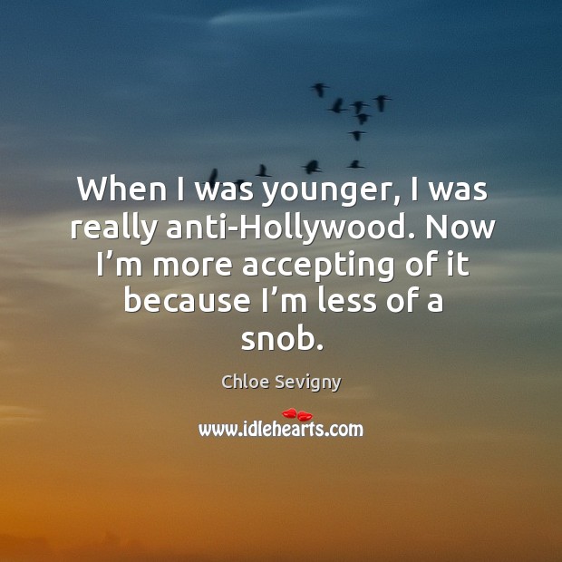 When I was younger, I was really anti-hollywood. Now I’m more accepting of it because I’m less of a snob. Chloe Sevigny Picture Quote