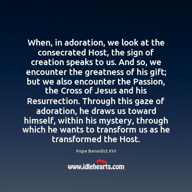 When, in adoration, we look at the consecrated Host, the sign of Pope Benedict XVI Picture Quote