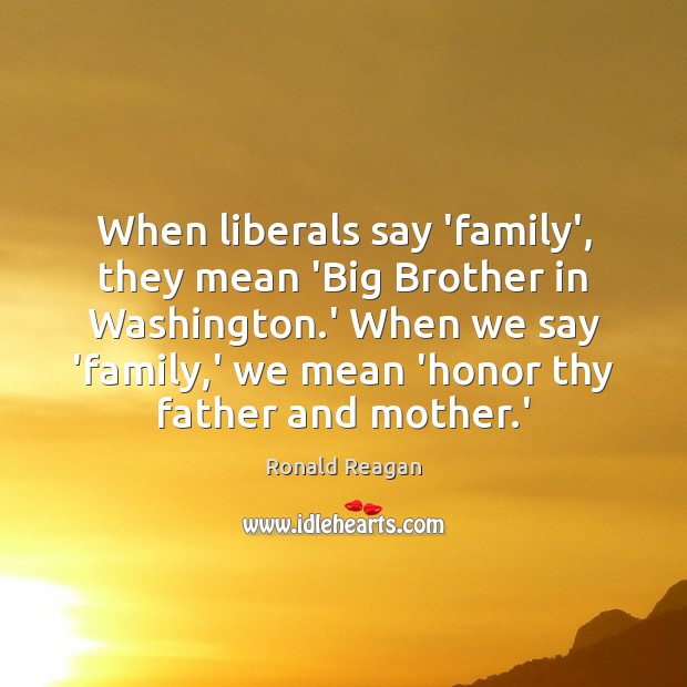 When liberals say ‘family’, they mean ‘Big Brother in Washington.’ When Ronald Reagan Picture Quote