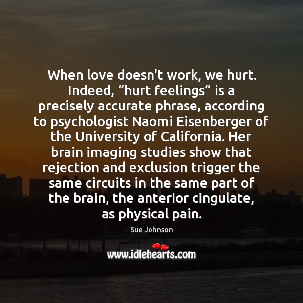 When love doesn’t work, we hurt. Indeed, “hurt feelings” is a precisely Sue Johnson Picture Quote