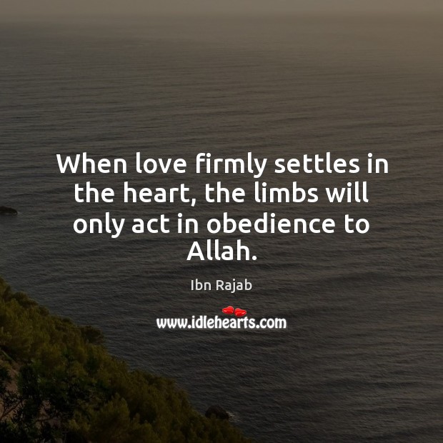 When love firmly settles in the heart, the limbs will only act in obedience to Allah. Ibn Rajab Picture Quote