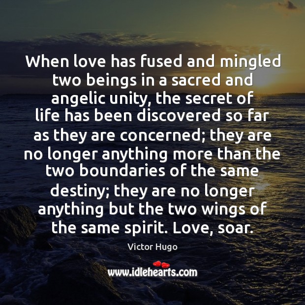 When love has fused and mingled two beings in a sacred and Victor Hugo Picture Quote