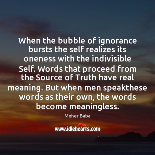 When the bubble of ignorance bursts the self realizes its oneness with Meher Baba Picture Quote