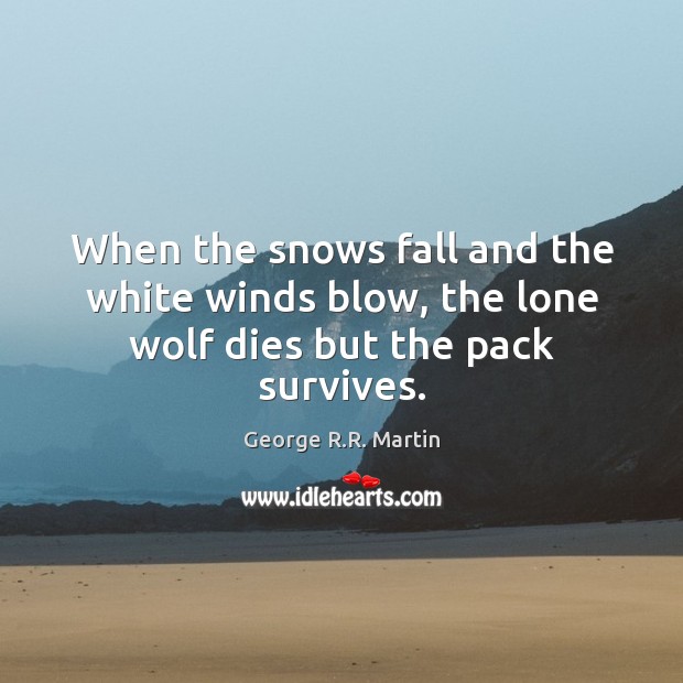 When the snows fall and the white winds blow, the lone wolf dies but the pack survives. George R.R. Martin Picture Quote