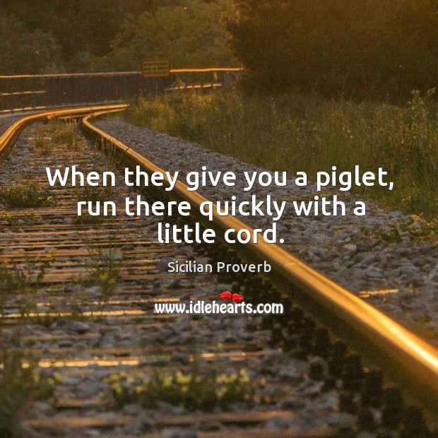 When they give you a piglet, run there quickly with a little cord. Sicilian Proverbs Image