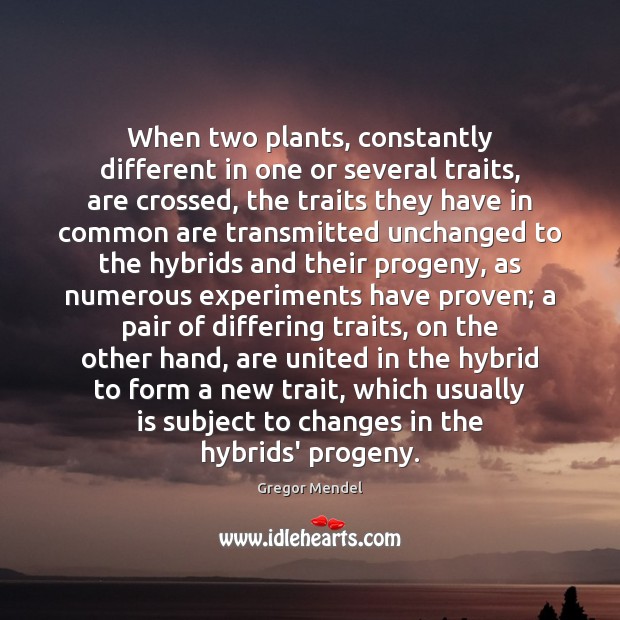 When two plants, constantly different in one or several traits, are crossed, Gregor Mendel Picture Quote