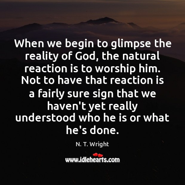 When we begin to glimpse the reality of God, the natural reaction N. T. Wright Picture Quote