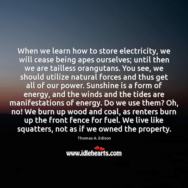 When we learn how to store electricity, we will cease being apes Thomas A. Edison Picture Quote