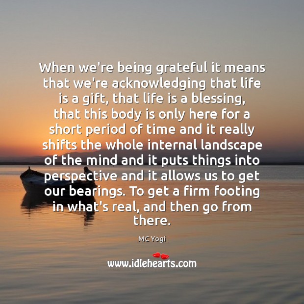 When we’re being grateful it means that we’re acknowledging that life is MC Yogi Picture Quote