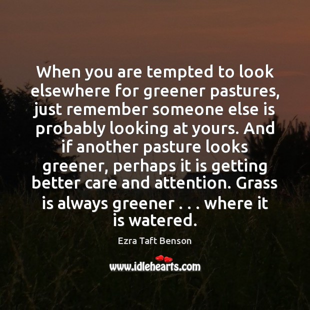 When you are tempted to look elsewhere for greener pastures, just remember Ezra Taft Benson Picture Quote