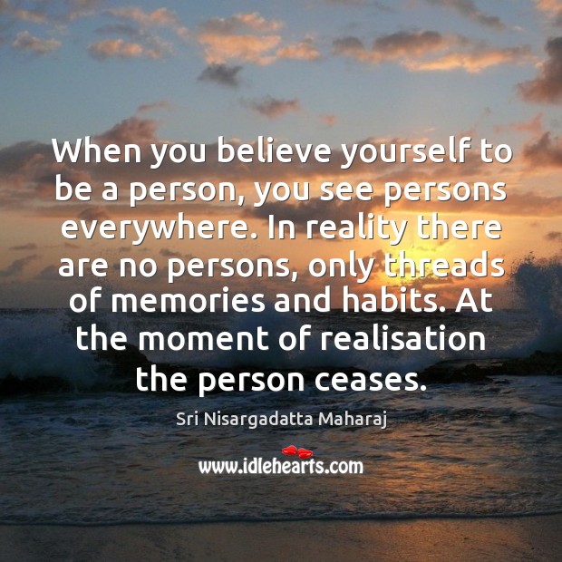 When you believe yourself to be a person, you see persons everywhere. Sri Nisargadatta Maharaj Picture Quote