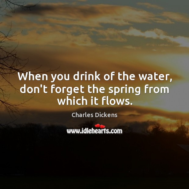 When you drink of the water, don’t forget the spring from which it flows. Charles Dickens Picture Quote