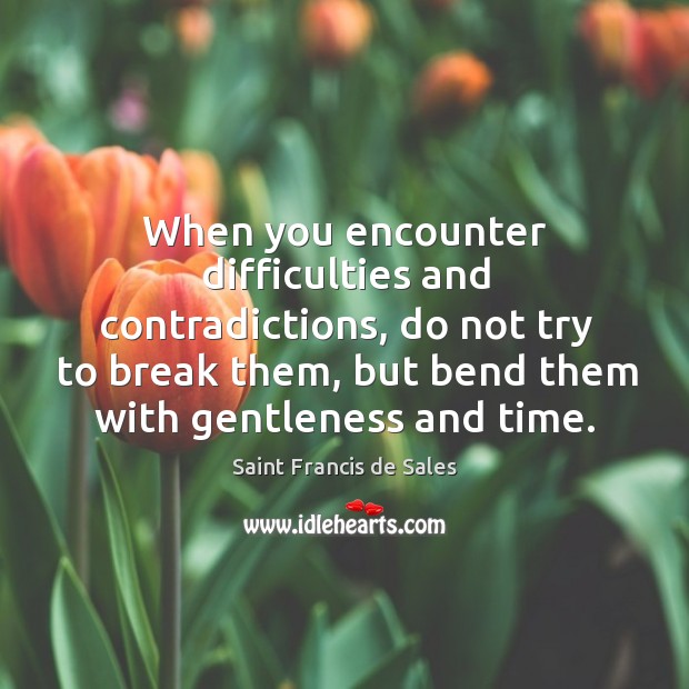 When you encounter difficulties and contradictions, do not try to break them Saint Francis de Sales Picture Quote