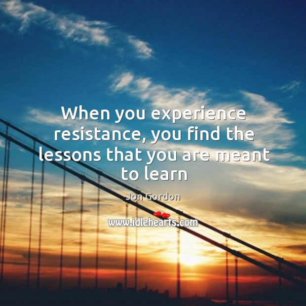 When you experience resistance, you find the lessons that you are meant to learn Jon Gordon Picture Quote