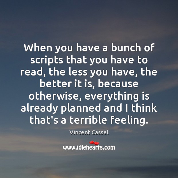 When you have a bunch of scripts that you have to read, Vincent Cassel Picture Quote