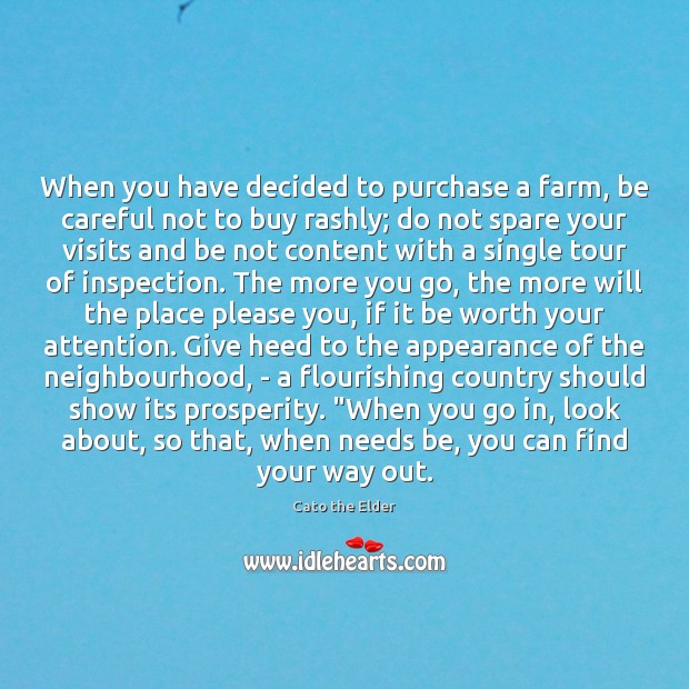 When you have decided to purchase a farm, be careful not to Cato the Elder Picture Quote