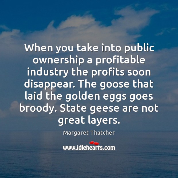 When you take into public ownership a profitable industry the profits soon Margaret Thatcher Picture Quote