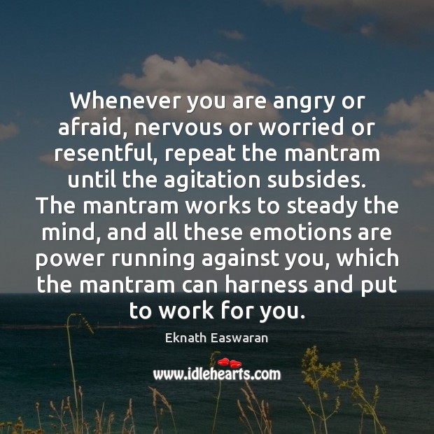Whenever you are angry or afraid, nervous or worried or resentful, repeat Eknath Easwaran Picture Quote