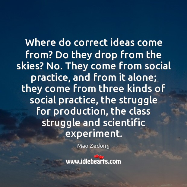 Where do correct ideas come from? Do they drop from the skies? Mao Zedong Picture Quote