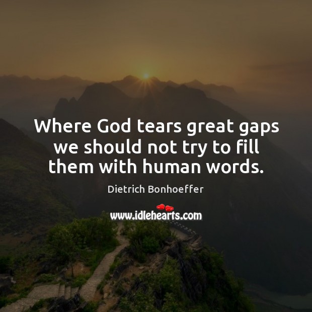 Where God tears great gaps we should not try to fill them with human words. Dietrich Bonhoeffer Picture Quote