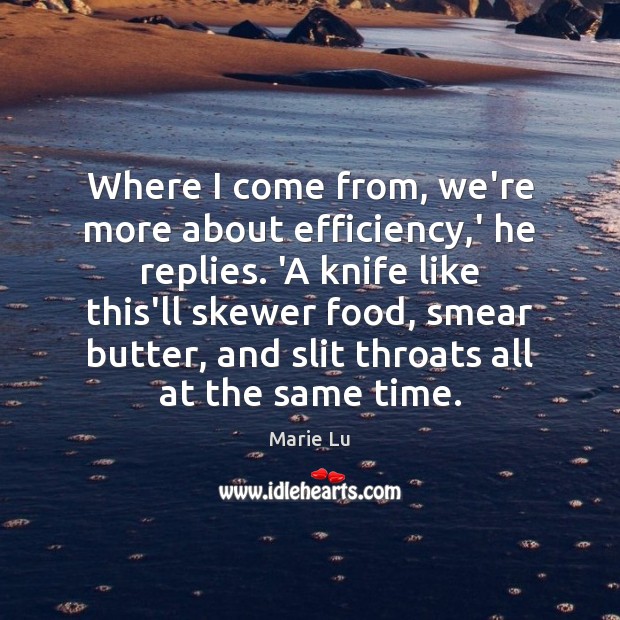 Where I come from, we’re more about efficiency,’ he replies. ‘A Marie Lu Picture Quote