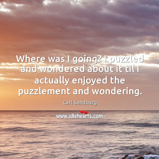 Where was I going? I puzzled and wondered about it til I actually enjoyed the puzzlement and wondering. Carl Sandburg Picture Quote