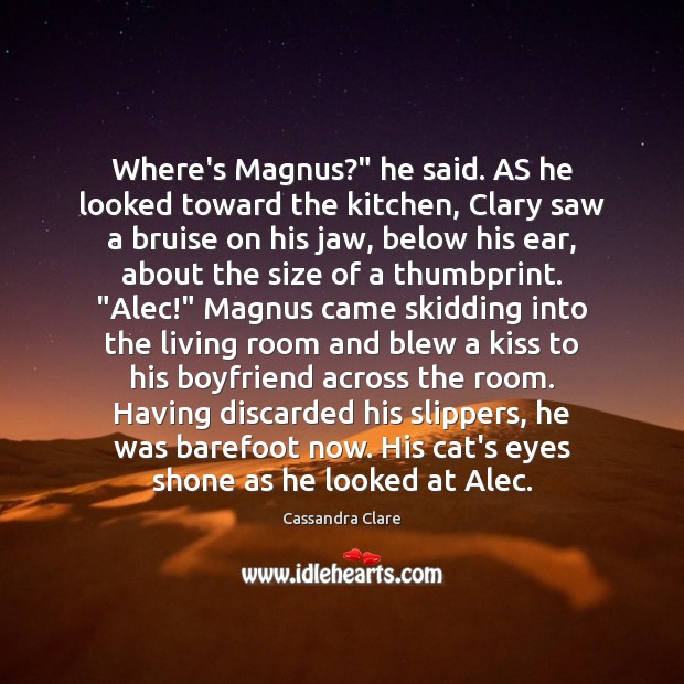 Where’s Magnus?” he said. AS he looked toward the kitchen, Clary saw Image