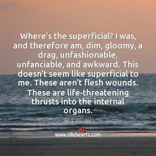 Where’s the superficial? I was, and therefore am, dim, gloomy, a drag, Nick Hornby Picture Quote