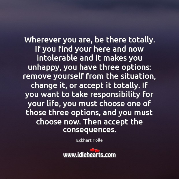 Wherever you are, be there totally. If you find your here and Eckhart Tolle Picture Quote
