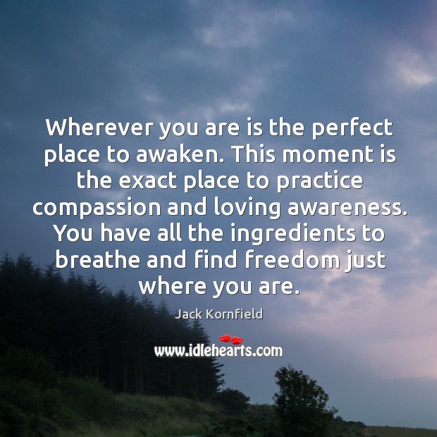 Wherever you are is the perfect place to awaken. This moment is Jack Kornfield Picture Quote