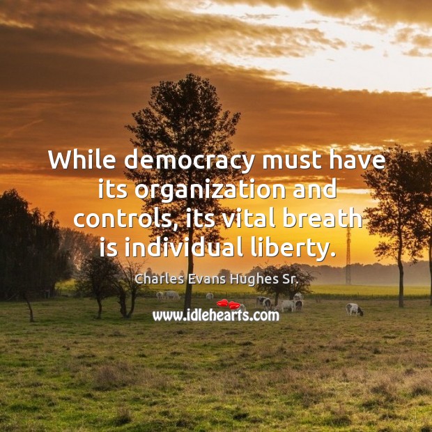 While democracy must have its organization and controls, its vital breath is individual liberty. Charles Evans Hughes Sr. Picture Quote