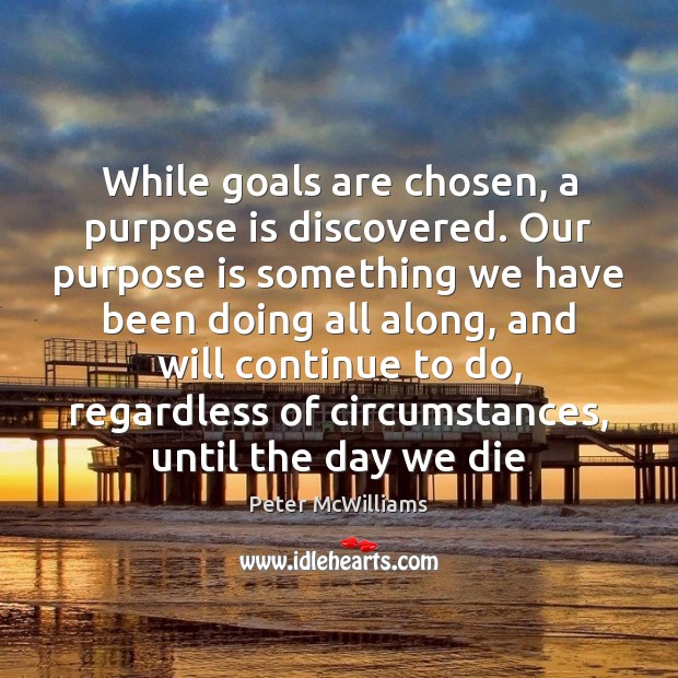 While goals are chosen, a purpose is discovered. Our purpose is something Peter McWilliams Picture Quote