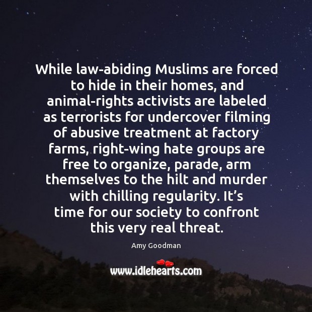 While law-abiding Muslims are forced to hide in their homes, and animal-rights Amy Goodman Picture Quote