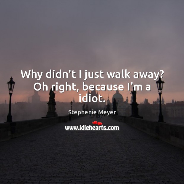 Why didn’t I just walk away? Oh right, because I’m a idiot. Stephenie Meyer Picture Quote