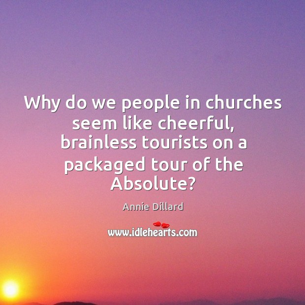 Why do we people in churches seem like cheerful, brainless tourists on Annie Dillard Picture Quote
