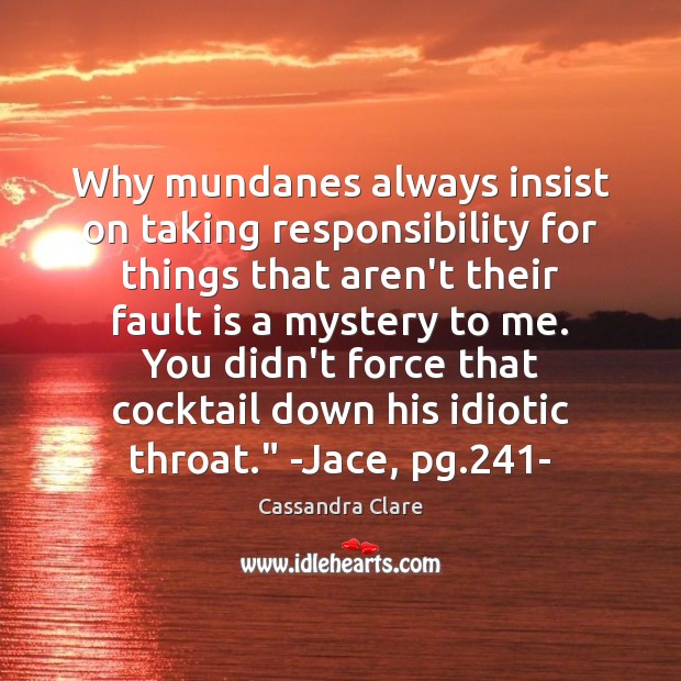 Why mundanes always insist on taking responsibility for things that aren’t their Cassandra Clare Picture Quote
