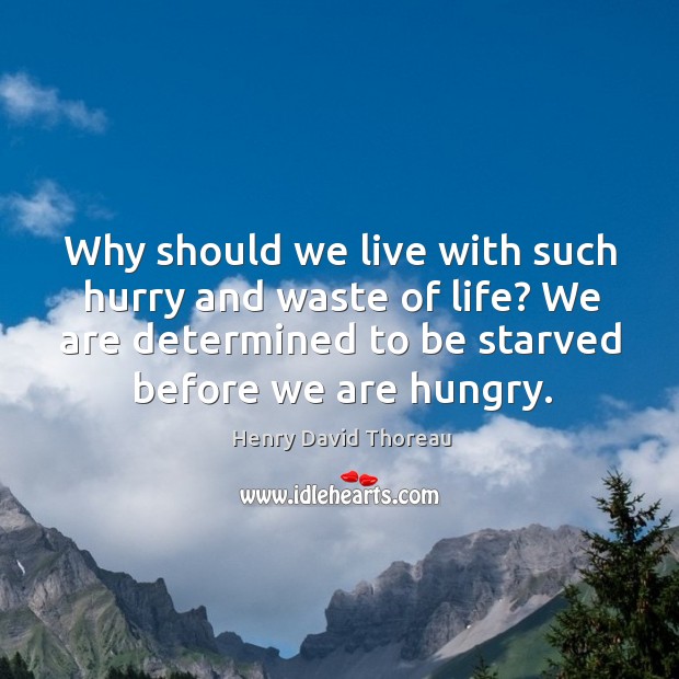 Why should we live with such hurry and waste of life? we are determined to be starved before we are hungry. Henry David Thoreau Picture Quote