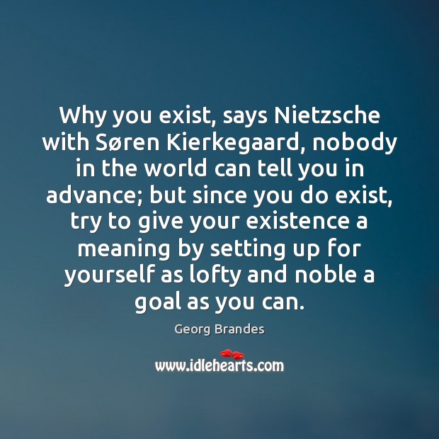 Why you exist, says Nietzsche with Søren Kierkegaard, nobody in the Georg Brandes Picture Quote