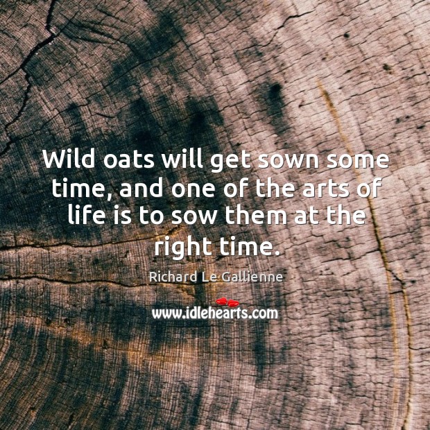 Wild oats will get sown some time, and one of the arts of life is to sow them at the right time. Richard Le Gallienne Picture Quote