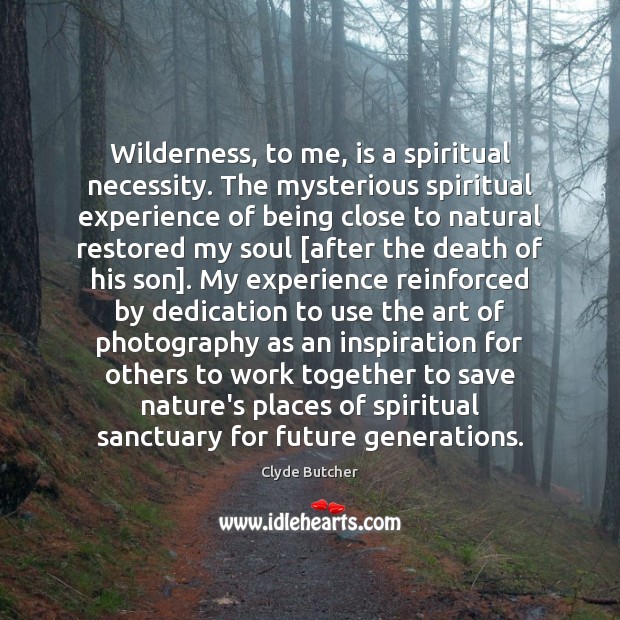 Wilderness, to me, is a spiritual necessity. The mysterious spiritual experience of Clyde Butcher Picture Quote