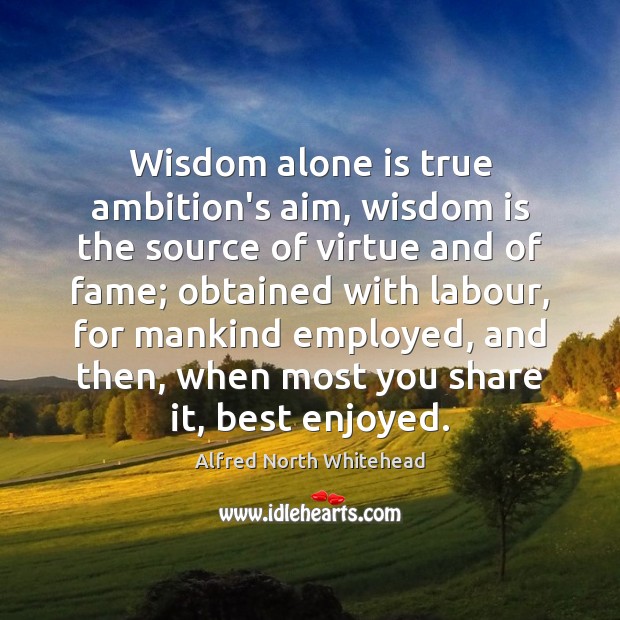 Wisdom alone is true ambition’s aim, wisdom is the source of virtue Alfred North Whitehead Picture Quote