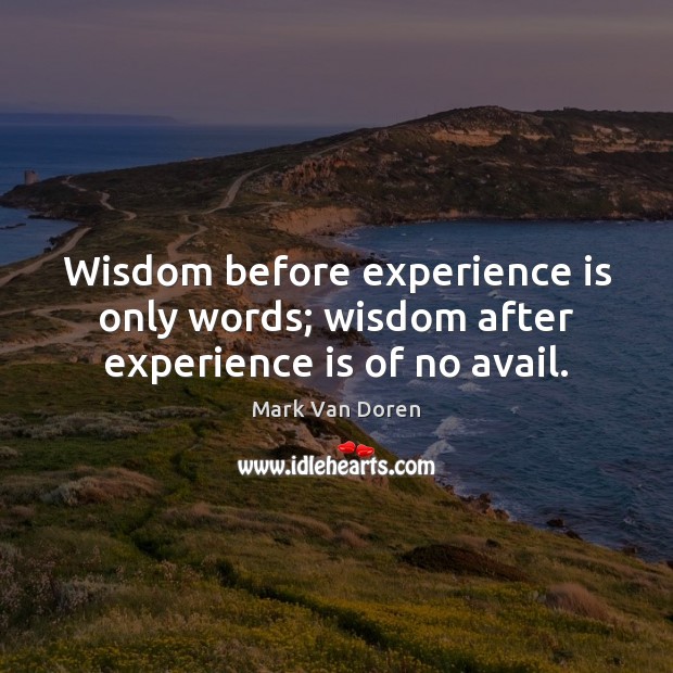Wisdom before experience is only words; wisdom after experience is of no avail. Mark Van Doren Picture Quote